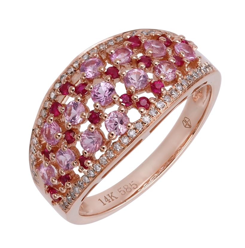 0.13 Ctw Diamond 14k Rose Gold Sapphire Ruby Round Shape Womens Gemstone Ring