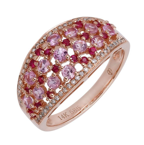 0.13 Ctw Diamond 14k Rose Gold Sapphire Ruby Round Shape Womens Gemstone Ring