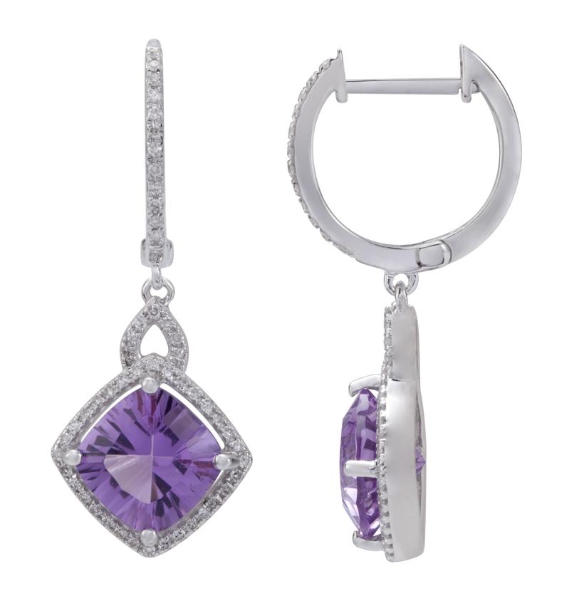 0.31 Ctw Diamond 14k White Gold Amethyst Round Shape Womens Gemstone Earrings