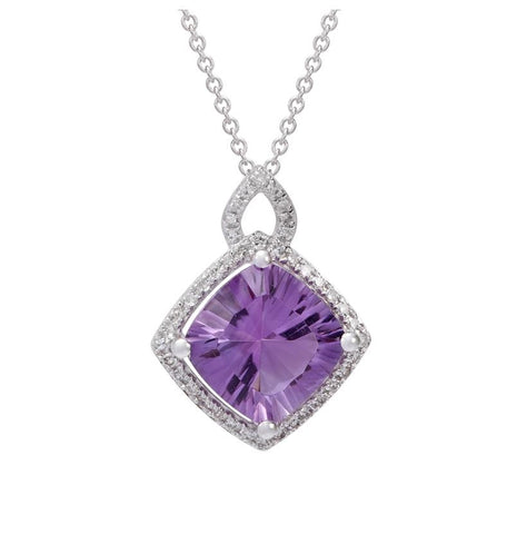 0.16 Ctw Diamond 14k White Gold Amethyst Round Shape Womens Gemstone Necklace Pendant With 16 Inch Chain