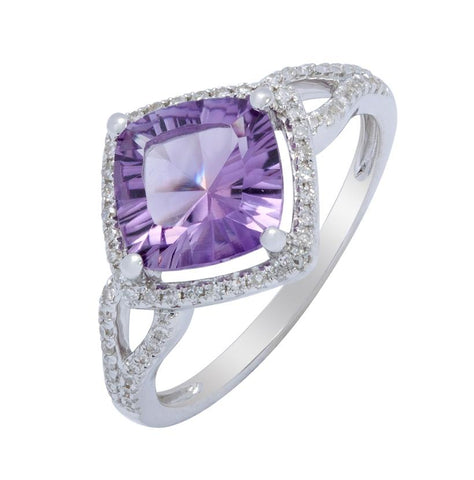 0.25 Ctw Diamond 14k White Gold Amethyst Round Shape Womens Gemstone Ring