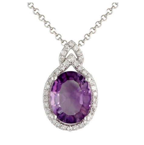 0.15 Ctw Diamond 14k White Gold Amethyst Round Shape Womens Gemstone Necklace Pendant With 16 Inch Chain