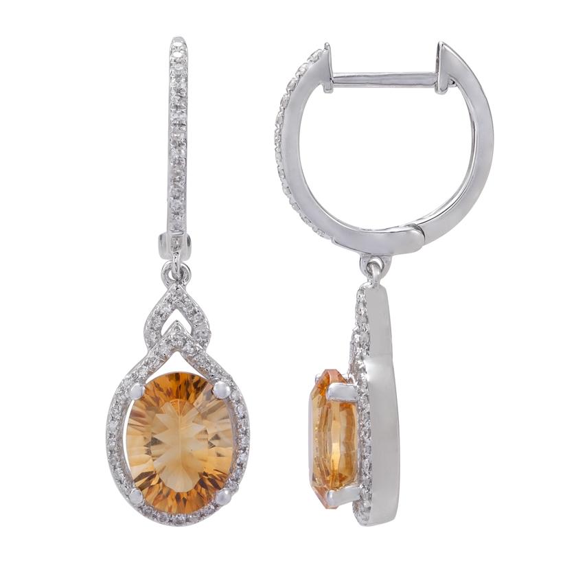 0.3 Ctw Diamond 14k White Gold Citrine Round Shape Womens Gemstone Earrings