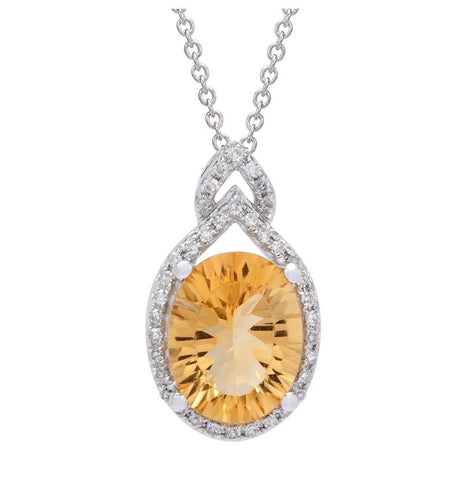 0.15 Ctw Diamond 14k White Gold Citrine Round Shape Womens Gemstone Necklace Pendant With 16 Inch Chain