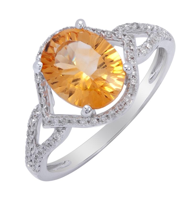 0.25 Ctw Diamond 14k White Gold Citrine Round Shape Womens Gemstone Ring