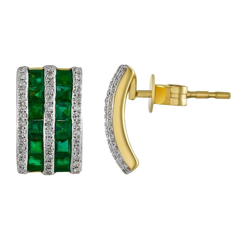 0.19 Ctw Diamond 14k Yellow Gold Emerald Round Shape Womens Gemstone Earrings