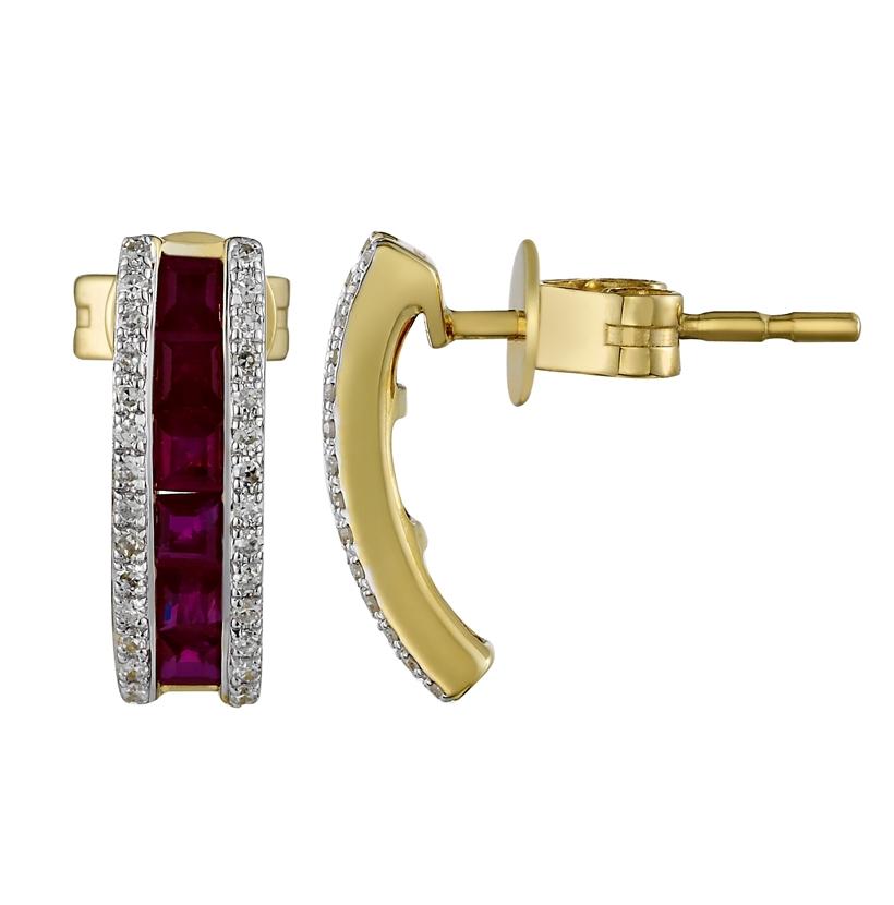 0.11 Ctw Diamond 14k Yellow Gold Ruby Round Shape Womens Gemstone Earrings