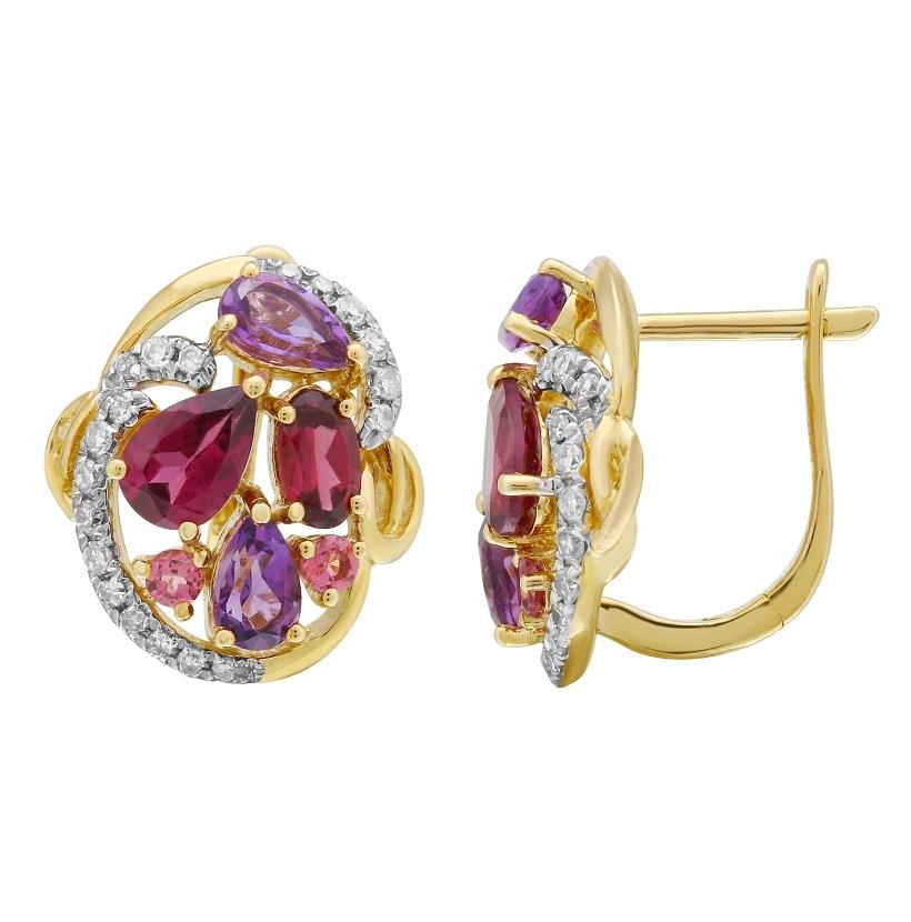 0.23 Ctw Diamond 14k Yellow Gold Tourmaline Amethyst Rhodolite Round Shape Womens Gemstone Earrings