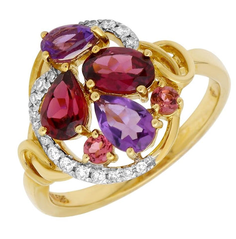 0.12 Ctw Diamond 14k Yellow Gold Tourmaline Amethyst Rhodolite Round Shape Womens Gemstone Ring