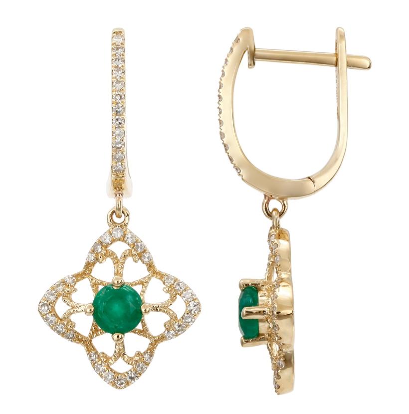 0.28 Ctw Diamond 14k Yellow Gold Emerald Round Shape Womens Gemstone Earrings