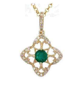 0.11 Ctw Diamond 14k Yellow Gold Emerald Round Shape Womens Gemstone Necklace Pendant With 16 Inch Chain