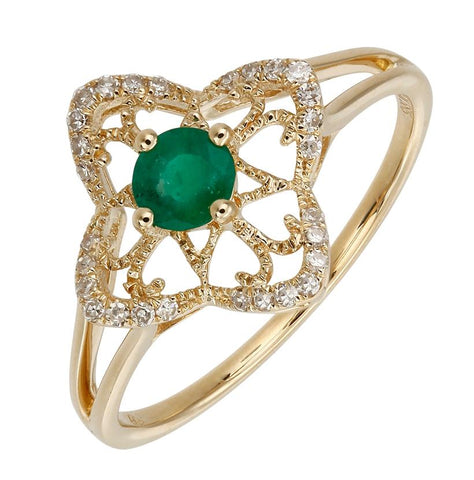 0.09 Ctw Diamond 14k Yellow Gold Emerald Round Shape Womens Gemstone Ring