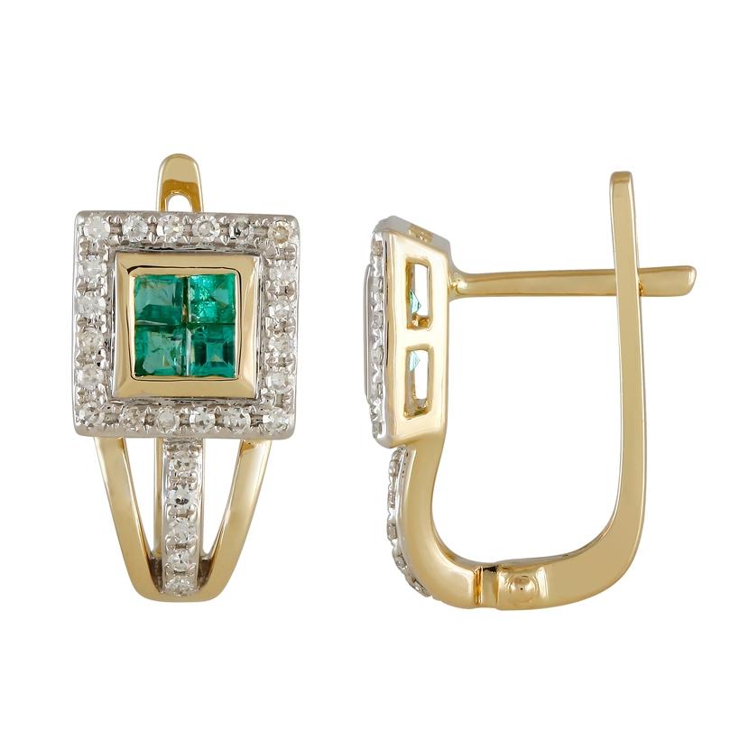 0.2 Ctw Diamond 14k Yellow Gold Emerald Round Shape Womens Gemstone Earrings