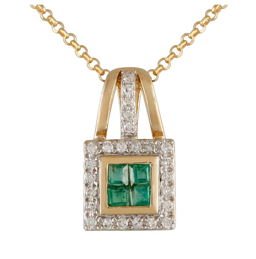 0.1 Ctw Diamond 14k Yellow Gold Emerald Round Shape Womens Gemstone Necklace Pendant With 16 Inch Chain