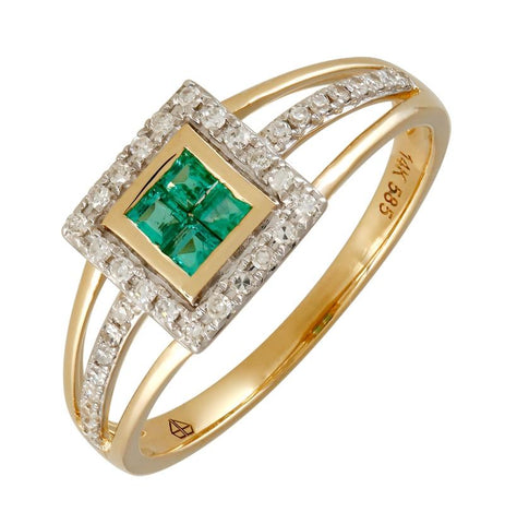 0.14 Ctw Diamond 14k Yellow Gold Emerald Round Shape Womens Gemstone Ring