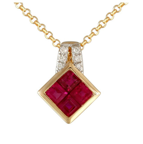 0.03 Ctw Diamond 14k Yellow Gold Ruby Round Shape Womens Gemstone Necklace Pendant With 16 Inch Chain