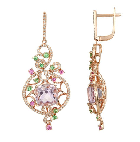 0.71 Ctw Diamond 14k Rose Gold Tsavorite Sapphire Amethyst Round Shape Womens Gemstone Earrings