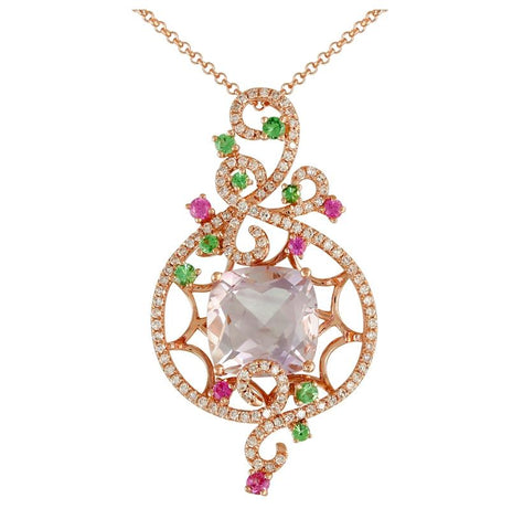 0.46 Ctw Diamond 14k Rose Gold Tsavorite Sapphire Amethyst Round Shape Womens Gemstone Necklace Pendant With 16 Inch Chain