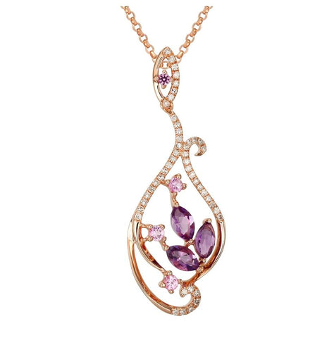 0.15 Ctw Diamond 14k Rose Gold Sapphire Amethyst Round Shape Womens Gemstone Necklace Pendant With 16 Inch Chain