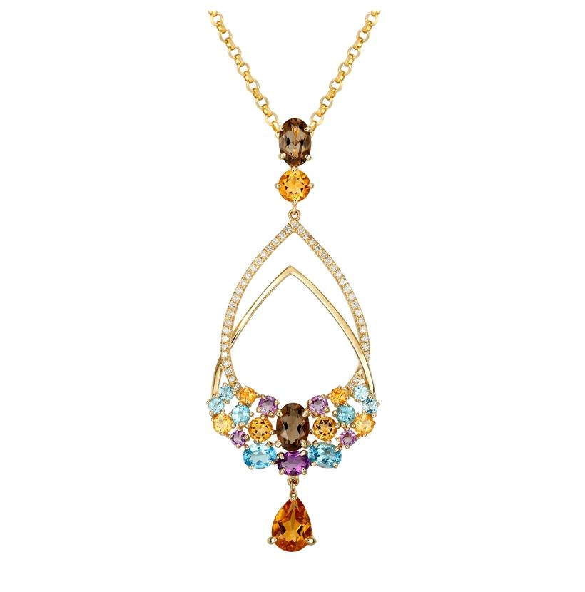 0.15 Ctw Diamond 14k Yellow Gold Multi-color Round Shape Womens Gemstone Necklace Pendant With 16 Inch Chain