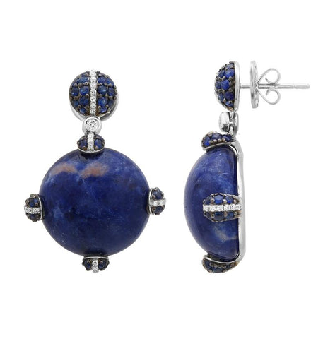 0.33 Ctw Diamond 14k White Gold Sodalite Sapphire Round Shape Womens Gemstone Earrings