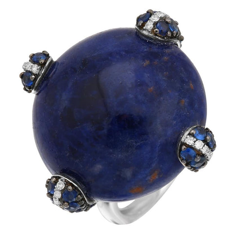 0.13 Ctw Diamond 14k White Gold Sodalite Sapphire Round Shape Womens Gemstone Ring