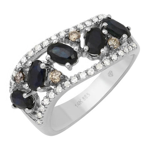 0.28 Ctw Diamond 14k White Gold Sapphire Round Shape Womens Gemstone Ring