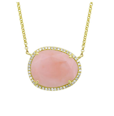 0.12 Ctw Diamond 14k Yellow Gold Opal Round Shape Womens Gemstone Necklace Pendant With 16 Inch Chain