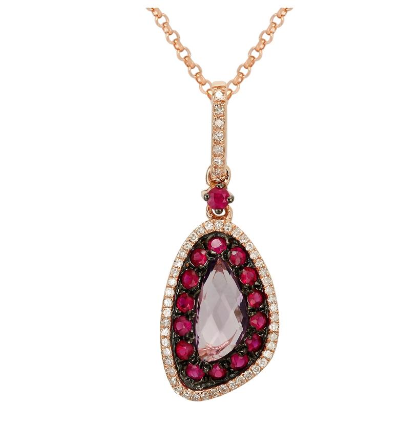 0.13 Ctw Diamond 14k Rose Gold Amethyst Ruby Round Shape Womens Gemstone Necklace Pendant With 16 Inch Chain