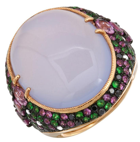 0.57 Ctw Diamond 14k Rose Gold Sapphire Chalcedony Tsavorite Round Shape Womens Gemstone Ring