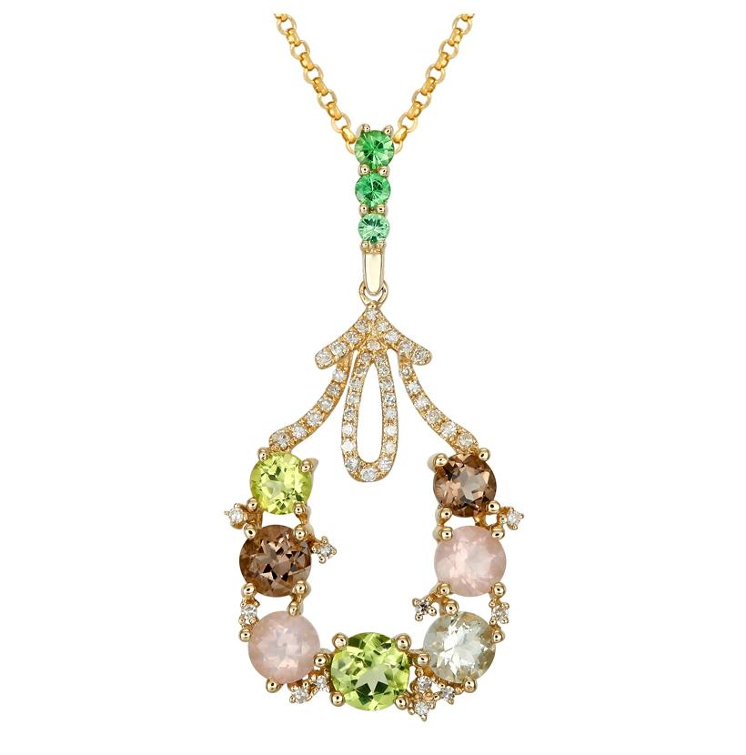 0.2 Ctw Diamond 14k Yellow Gold Tsavorite Multi-color Round Shape Womens Gemstone Necklace Pendant With 16 Inch Chain