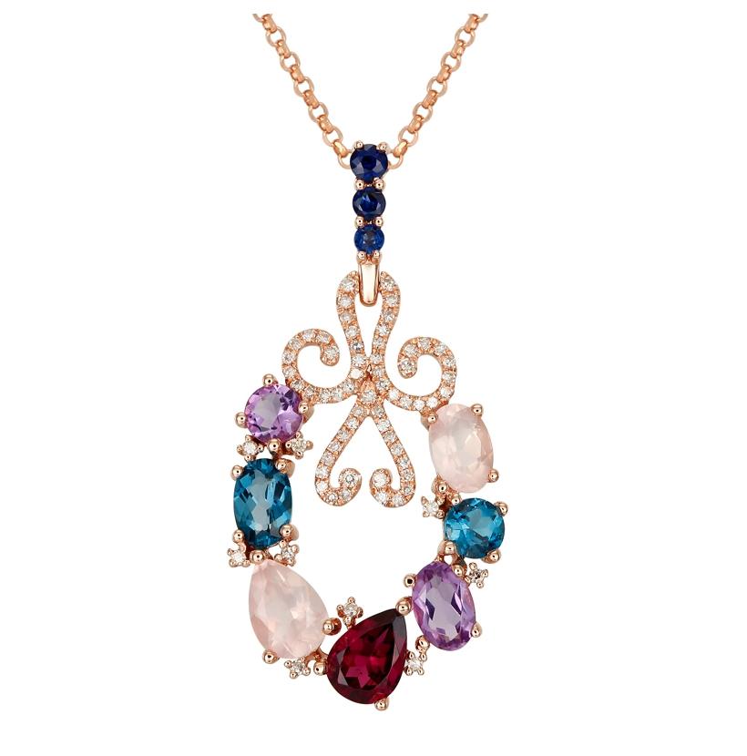 0.24 Ctw Diamond 14k Rose Gold Sapphire Multi-color Round Shape Womens Gemstone Necklace Pendant With 16 Inch Chain