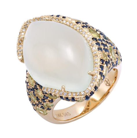 0.13 Ctw Diamond 14k Yellow Gold Peridot Sapphire Agate Round Shape Womens Gemstone Ring