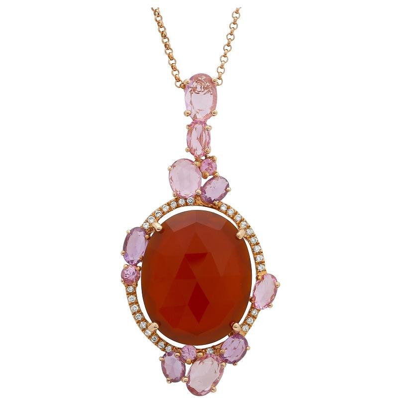 0.12 Ctw Diamond 14k Rose Gold Agate Sapphire Round Shape Womens Gemstone Necklace Pendant With 16 Inch Chain