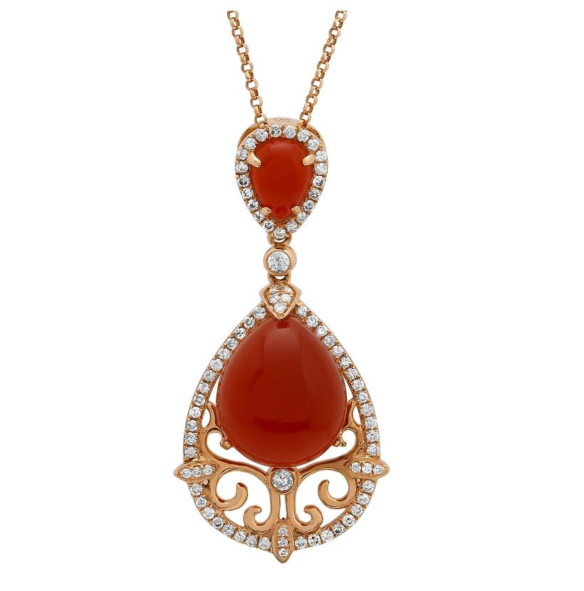 0.45 Ctw Diamond 14k Rose Gold Agate Round Shape Womens Gemstone Necklace Pendant With 16 Inch Chain