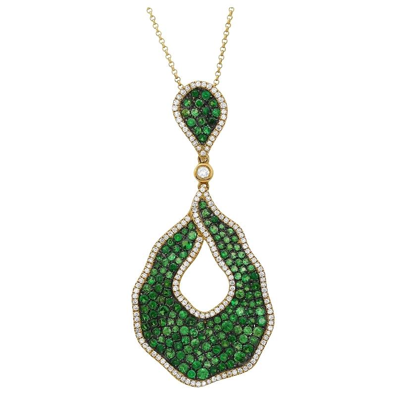 0.83 Ctw Diamond 14k Yellow Gold Tsavorite Round Shape Womens Gemstone Necklace Pendant With 16 Inch Chain