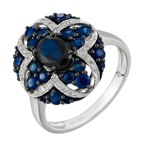 0.1 Ctw Diamond 14k White Gold Sapphire Round Shape Womens Gemstone Ring