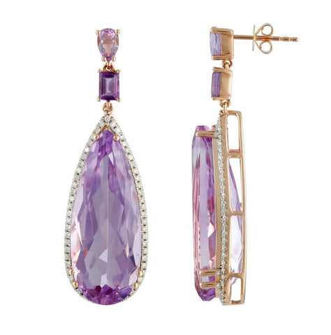 0.58 Ctw Diamond 14k Rose Gold Amethyst Round Shape Womens Gemstone Earrings