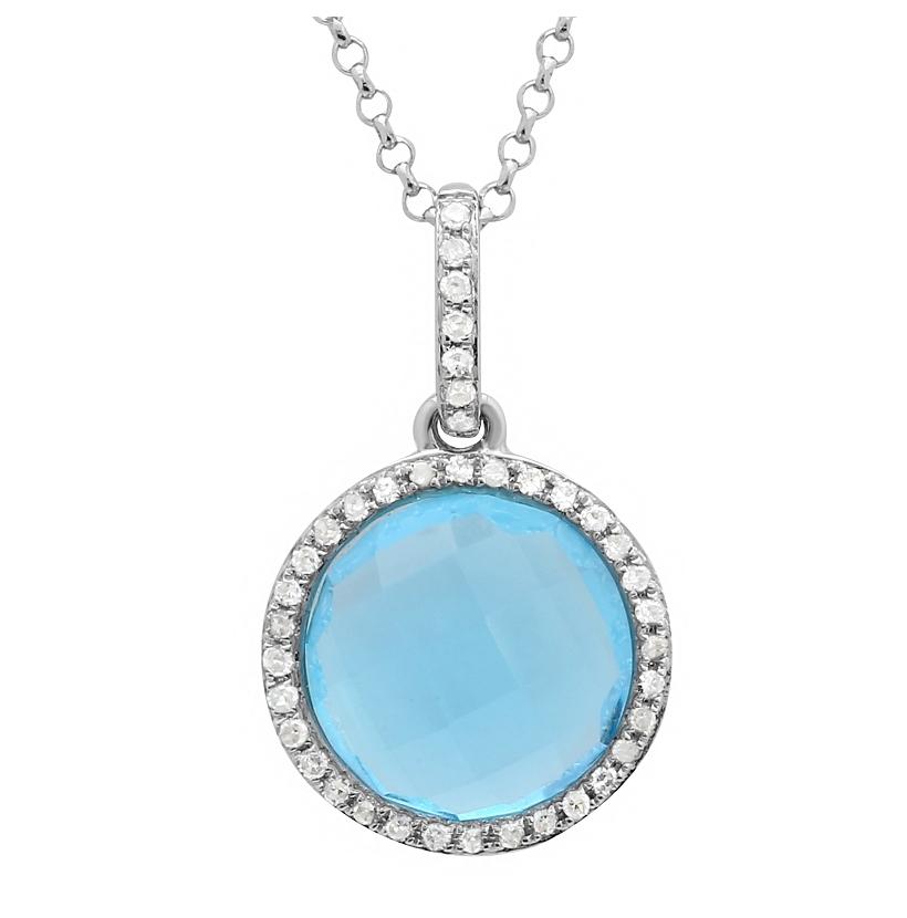 0.11 Ctw Diamond 14k White Gold Topaz Round Shape Womens Gemstone Necklace Pendant With 16 Inch Chain