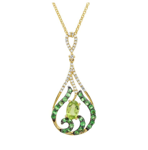 0.13 Ctw Diamond 24k Yellow Gold Tsavorite Peridot Round Shape Womens Gemstone Necklace Pendant With 16 Inch Chain