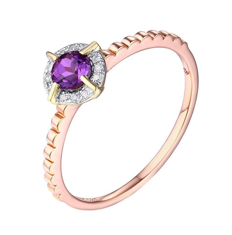 0.04 Ctw Diamond 14k Two Tone Gold Amethyst Round Shape Womens Gemstone Ring