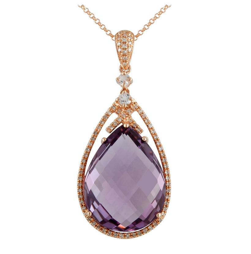 0.24 Ctw Diamond 14k Rose Gold Topaz Amethyst Round Shape Womens Gemstone Necklace Pendant With 16 Inch Chain