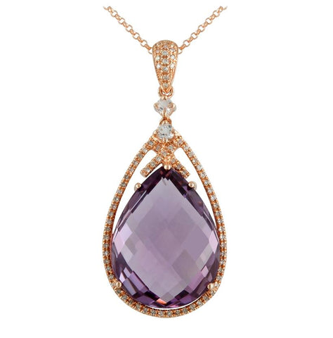 0.24 Ctw Diamond 14k Rose Gold Topaz Amethyst Round Shape Womens Gemstone Necklace Pendant With 16 Inch Chain