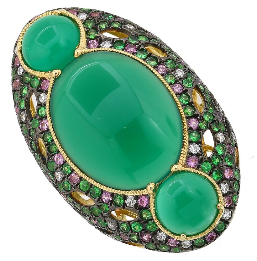 0.38 Ctw Diamond 14k Yellow Gold Sapphire Tsavorite Agate Round Shape Womens Gemstone Ring