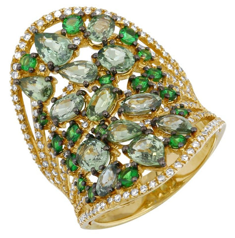 0.66 Ctw Diamond 14k Yellow Gold Tsavorite Sapphire Round Shape Womens Gemstone Ring