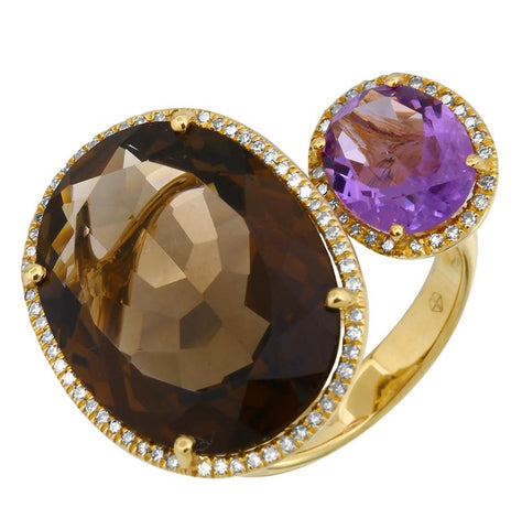0.25 Ctw Diamond 14k Yellow Gold Topaz Amethyst Round Shape Womens Gemstone Ring