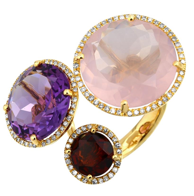 0.47 Ctw Diamond 14k Yellow Gold Garnet Amethyst Quartz Round Shape Womens Gemstone Ring