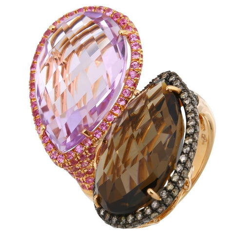 0.72 Ctw Diamond 14k Rose Gold Sapphire Amethyst Topaz Round Shape Womens Gemstone Ring