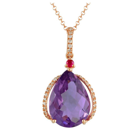 0.19 Ctw Diamond 14k Rose Gold Ruby Amethyst Round Shape Womens Gemstone Necklace Pendant With 16 Inch Chain