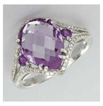 0.21 Ctw Diamond 14k White Gold Amethyst Round Shape Womens Gemstone Ring